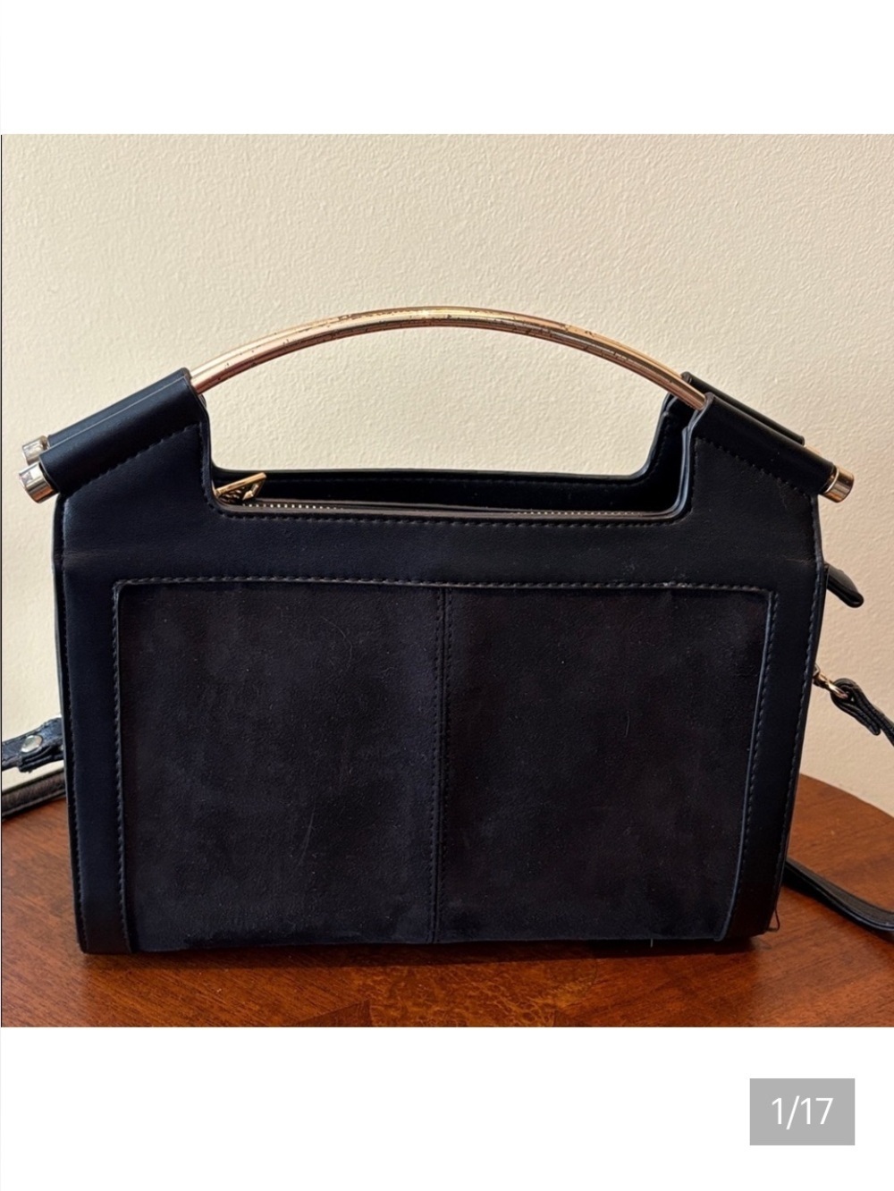 Miztique satchel Crossbody bag vegan Suede front panel & trim black/gold tone
